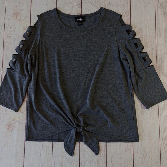By & By charcoal gray lattice sleeve tie front top sz L - Picture 7 of 9
